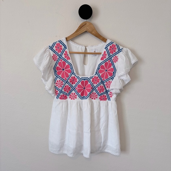 j. marie Tops - J. Marie Embroidered Flutter Sleeve Babydoll Top White Pink Blue XS